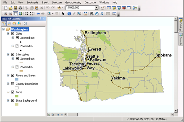 ArcMap document symbolized for multiple scales